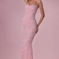 « Opale » — Robe Longue Sculptante Perlée, Rose Poudré
