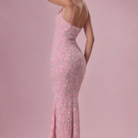 « Opale » — Robe Longue Sculptante Perlée, Rose Poudré