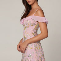« Jacira » — Robe Mini Évasée Fleurie Dos Lacé, Rose Poudré