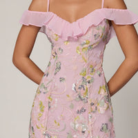 « Jacira » — Robe Mini Évasée Fleurie Dos Lacé, Rose Poudré
