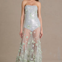 « Estella » — Robe de Bal Corset en Tulle Brodé, Vert Sauge