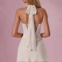 « Ivoire » — Robe Mini Drapée en Satin, Ivoire