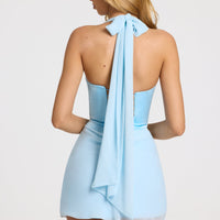 « Poudre » — Robe Mini Drapée en Satin, Bleu Poudré