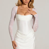 « Grâce » — Robe Mini Manches Longues Drapée Brodée, Blanc