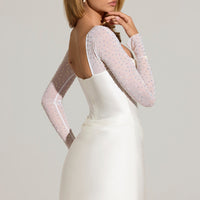 « Grâce » — Robe Mini Manches Longues Drapée Brodée, Blanc