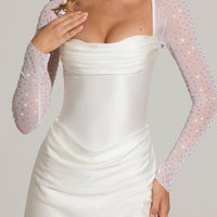« Grâce » — Robe Mini Manches Longues Drapée Brodée, Blanc