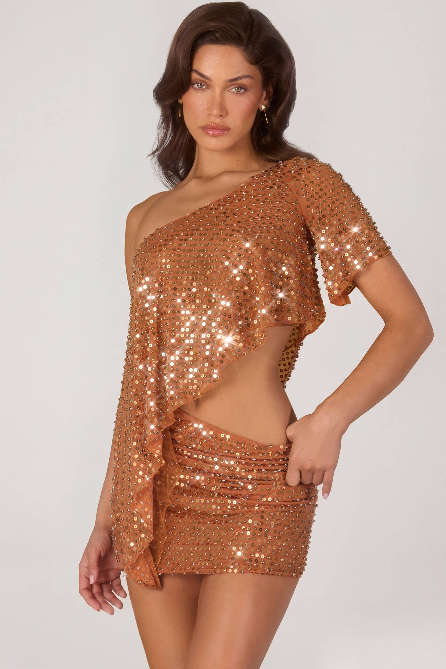 « Étincelle » — Jupe Micro Mini Pailletée Asymétrique, Bronze