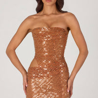 « Rania » — Robe Mini Bandeau Découpée Ornée, Bronze