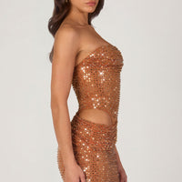 « Rania » — Robe Mini Bandeau Découpée Ornée, Bronze