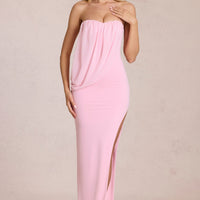 « Onde » — Robe Longue Bandeau Drapée Fendue, Rose Poudré
