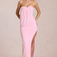 « Onde » — Robe Longue Bandeau Drapée Fendue, Rose Poudré