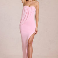 « Onde » — Robe Longue Bandeau Drapée Fendue, Rose Poudré