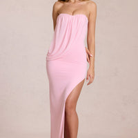 « Onde » — Robe Longue Bandeau Drapée Fendue, Rose Poudré