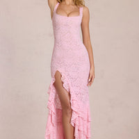 « Cascade de Dentelle » — Robe longue moulante à volants, Rose blossom