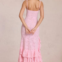 « Cascade de Dentelle » — Robe longue moulante à volants, Rose blossom