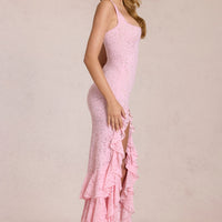 « Cascade de Dentelle » — Robe longue moulante à volants, Rose blossom