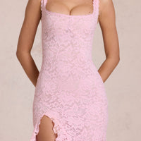 « Cascade de Dentelle » — Robe longue moulante à volants, Rose blossom