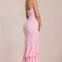 « Cascade de Dentelle » — Robe longue moulante à volants, Rose blossom