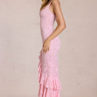 « Cascade de Dentelle » — Robe longue moulante à volants, Rose blossom