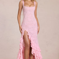 « Cascade de Dentelle » — Robe longue moulante à volants, Rose blossom
