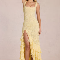 « Félicité » — Robe Longue Dentelle Volantée Fendue, Jaune Citron