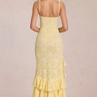 « Félicité » — Robe Longue Dentelle Volantée Fendue, Jaune Citron