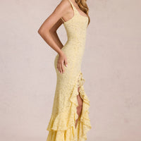 « Félicité » — Robe Longue Dentelle Volantée Fendue, Jaune Citron