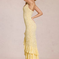 « Félicité » — Robe Longue Dentelle Volantée Fendue, Jaune Citron