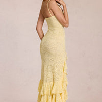 « Félicité » — Robe Longue Dentelle Volantée Fendue, Jaune Citron