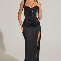 « Nuit » — Robe Longue Corset Brodée Fendue, Noir