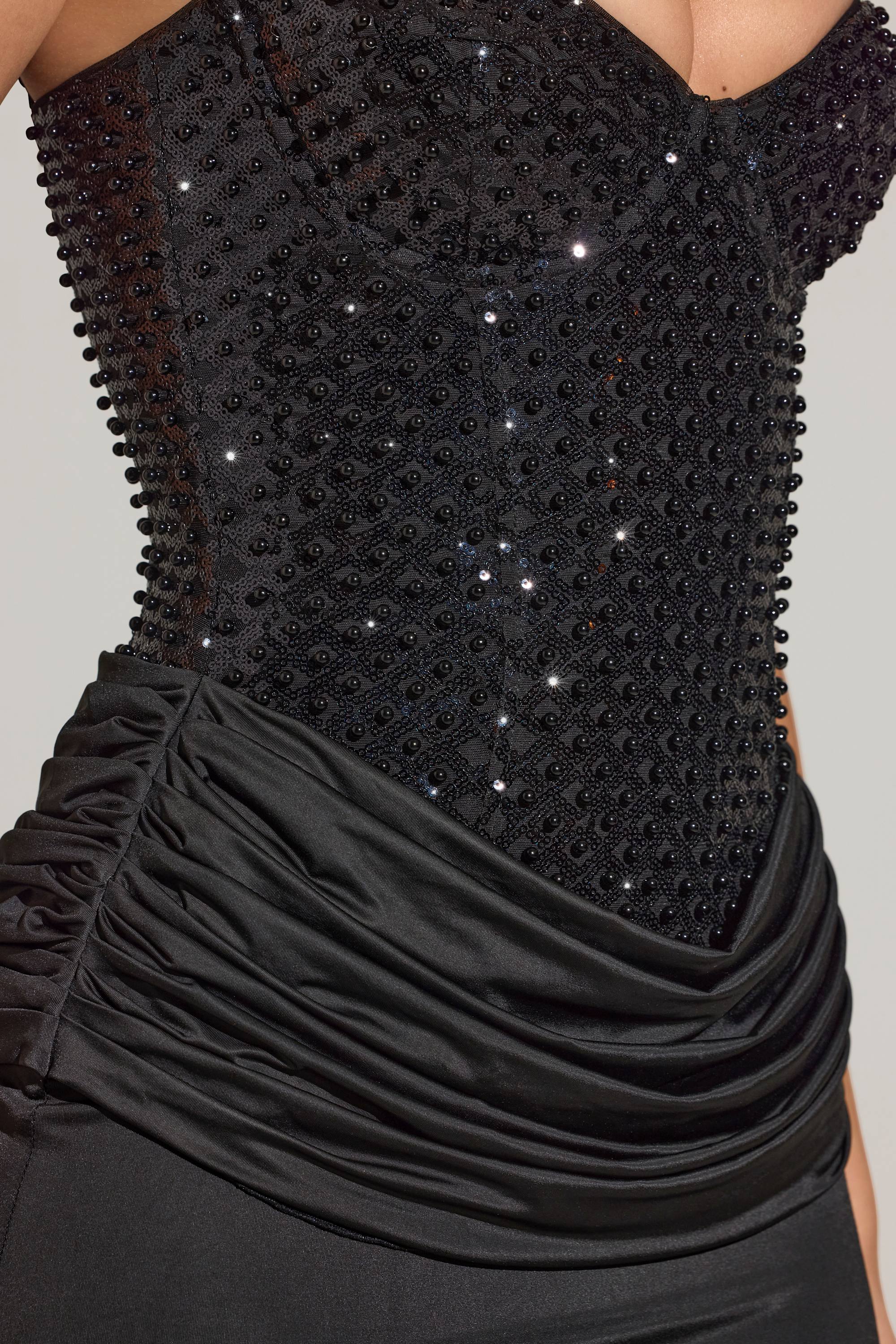 « Nuit » — Robe Longue Corset Brodée Fendue, Noir