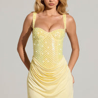 « Séduction » — Robe Mini Corset Brodée, Jaune Citron