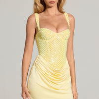 « Séduction » — Robe Mini Corset Brodée, Jaune Citron