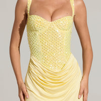 « Séduction » — Robe Mini Corset Brodée, Jaune Citron