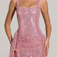 « Volupté » — Robe Mini Drapée Brodée, Rose Poudré