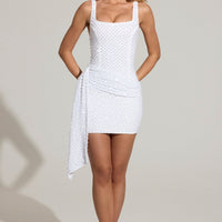 « Volupté » — Robe Mini Drapée Brodée, Blanc