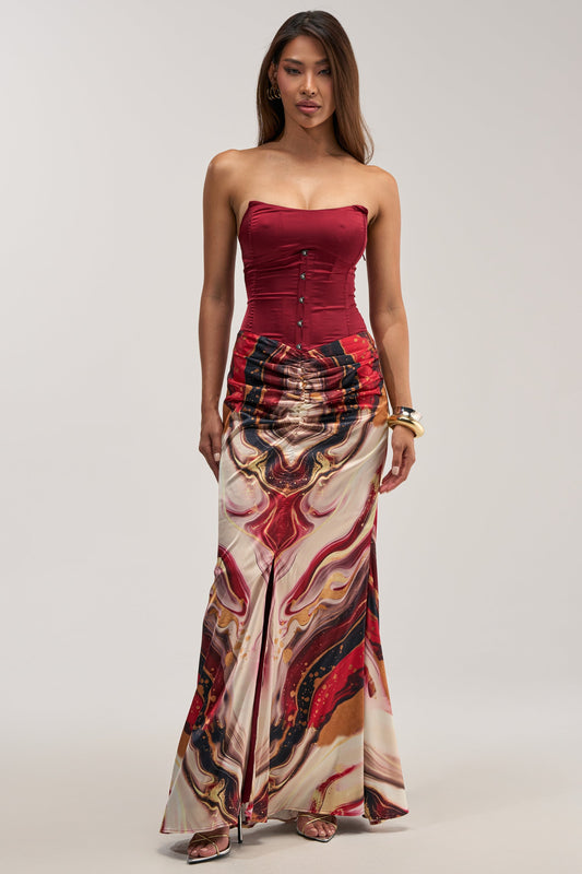 « Samara » — Robe Longue Corset Imprimée, Bordeaux Multicolore