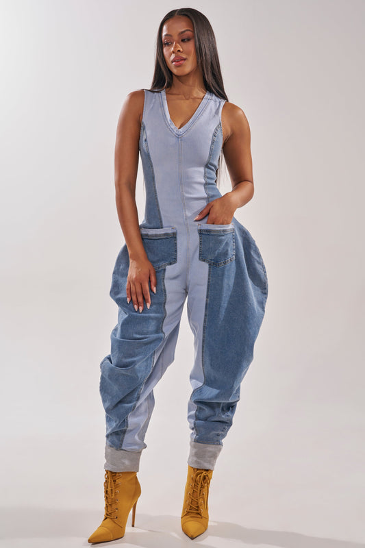 « Denim Rebelle » — Combinaison en Denim Patchwork, Bleu