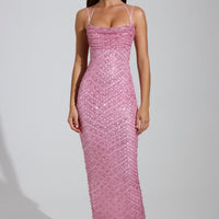 « Étoile Filante » — Robe Longue Strassée Col Cache-Cœur, Rose