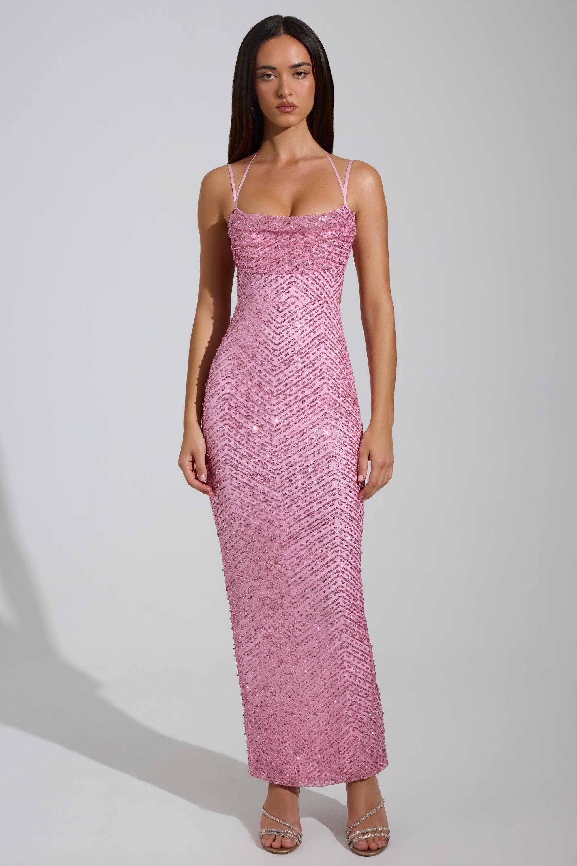 « Étoile Filante » — Robe Longue Strassée Col Cache-Cœur, Rose