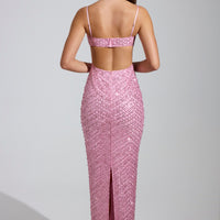 « Étoile Filante » — Robe Longue Strassée Col Cache-Cœur, Rose