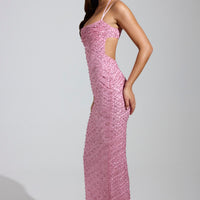 « Étoile Filante » — Robe Longue Strassée Col Cache-Cœur, Rose