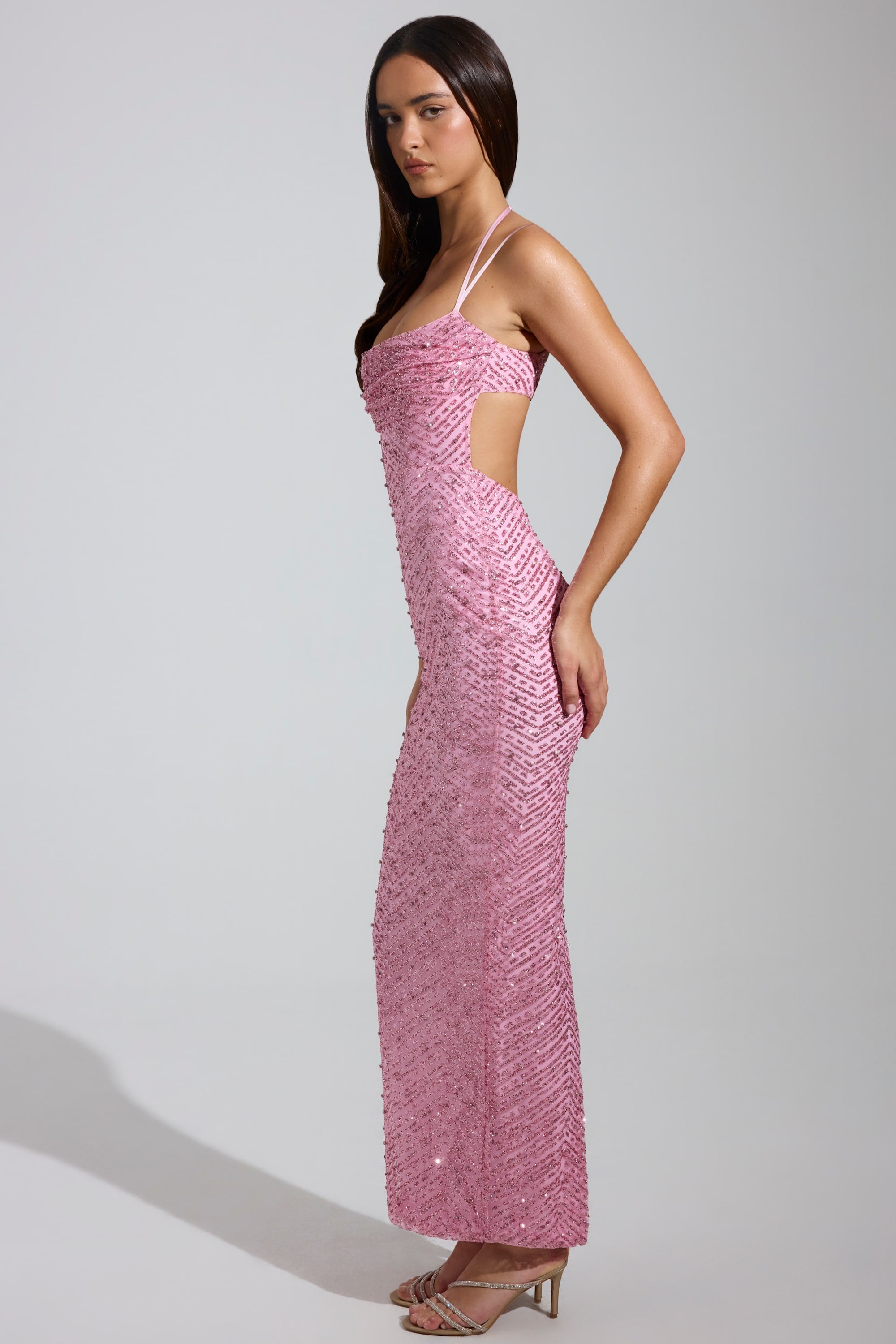 « Étoile Filante » — Robe Longue Strassée Col Cache-Cœur, Rose
