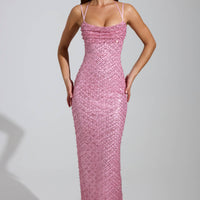 « Étoile Filante » — Robe Longue Strassée Col Cache-Cœur, Rose