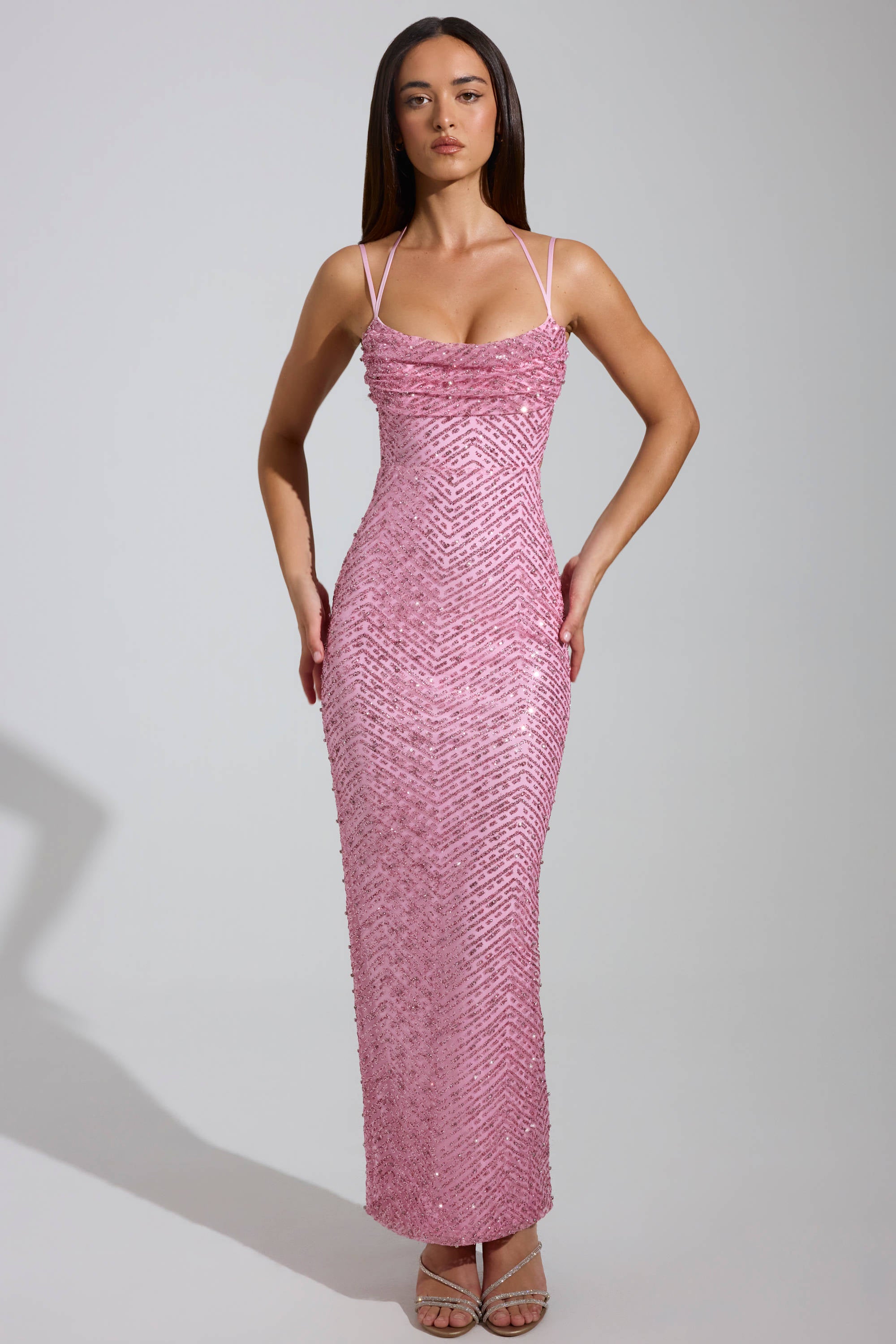 « Étoile Filante » — Robe Longue Strassée Col Cache-Cœur, Rose