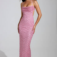 « Étoile Filante » — Robe Longue Strassée Col Cache-Cœur, Rose