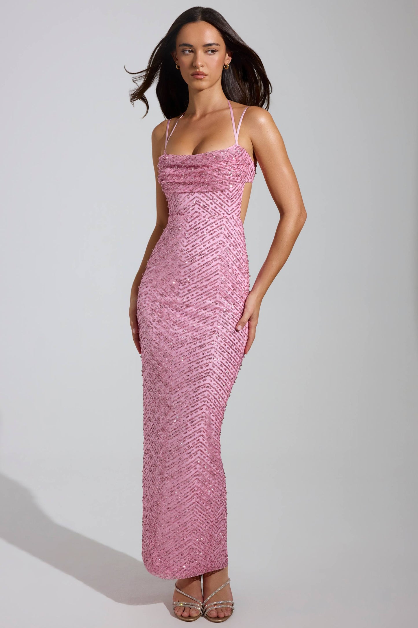 « Étoile Filante » — Robe Longue Strassée Col Cache-Cœur, Rose