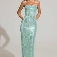 « Cascade » — Robe Longue Brodée Cache-Cœur, Bleu Aqua
