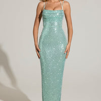 « Cascade » — Robe Longue Brodée Cache-Cœur, Bleu Aqua