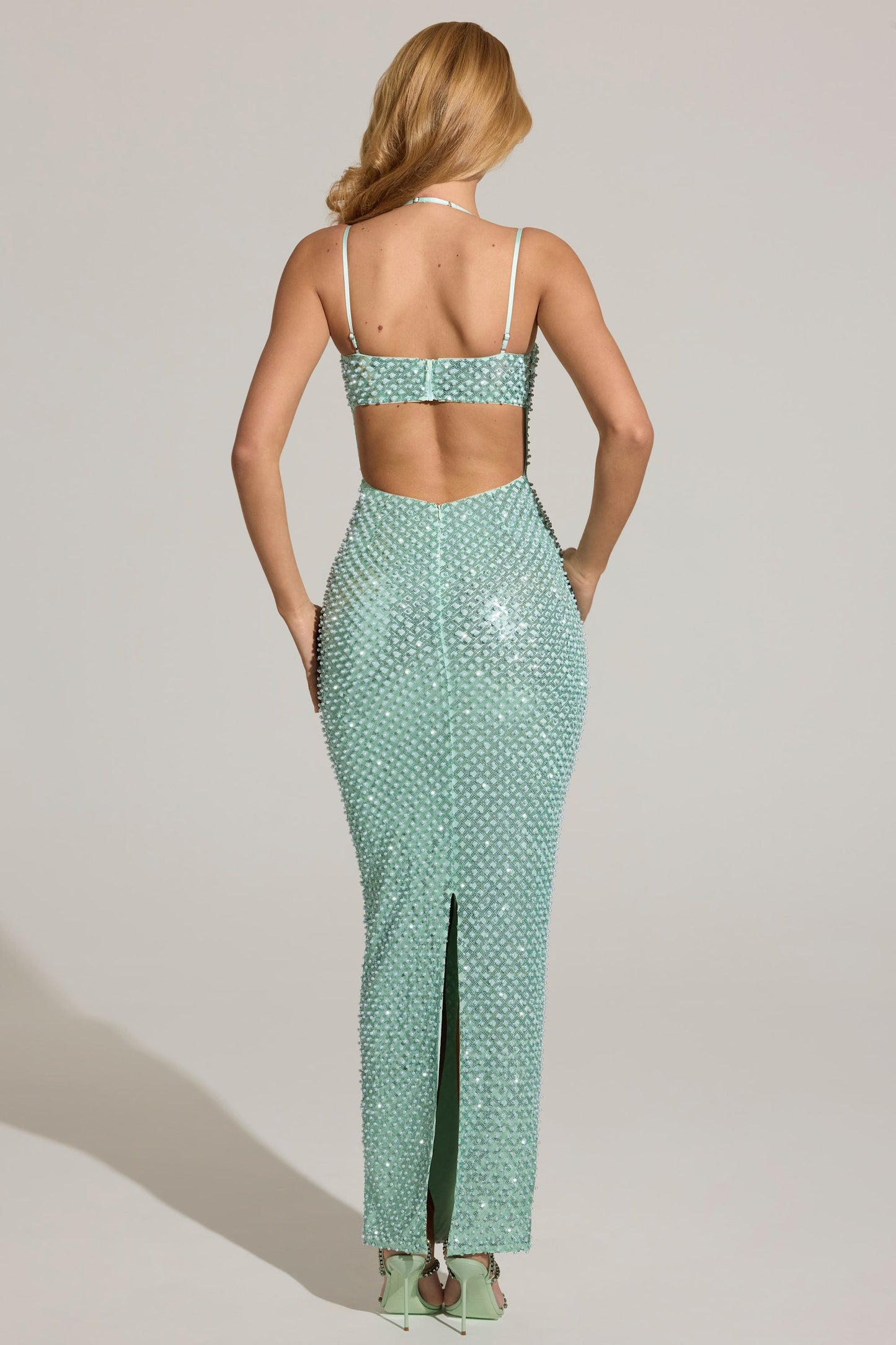 « Cascade » — Robe Longue Brodée Cache-Cœur, Bleu Aqua